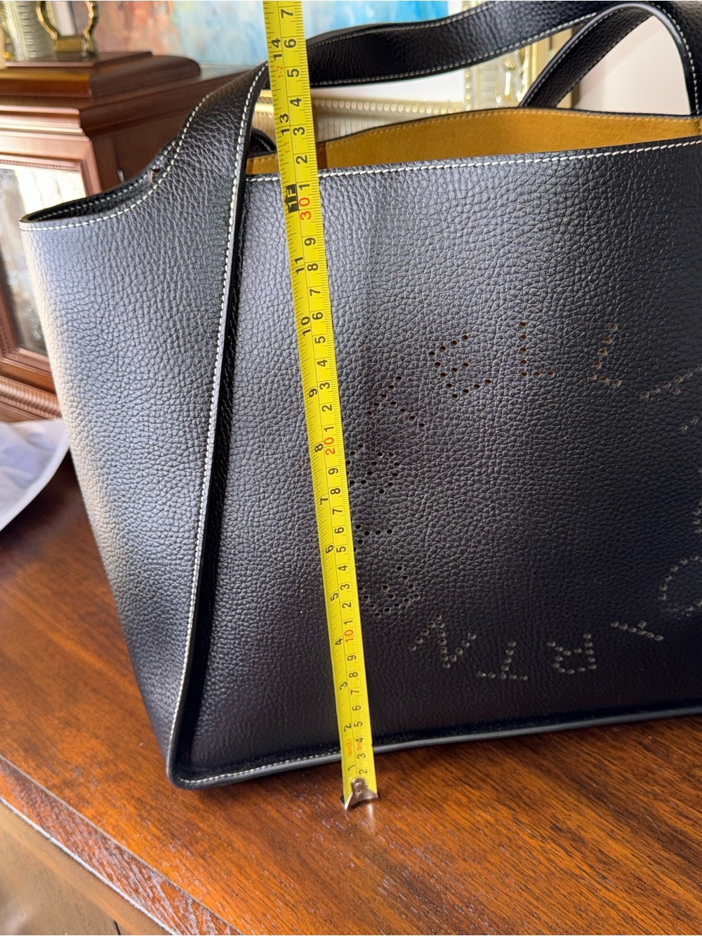 Stella McCartney Black Vegan Leather Perforated Logo Tote with Mustard Interior - Picture 4 of 12